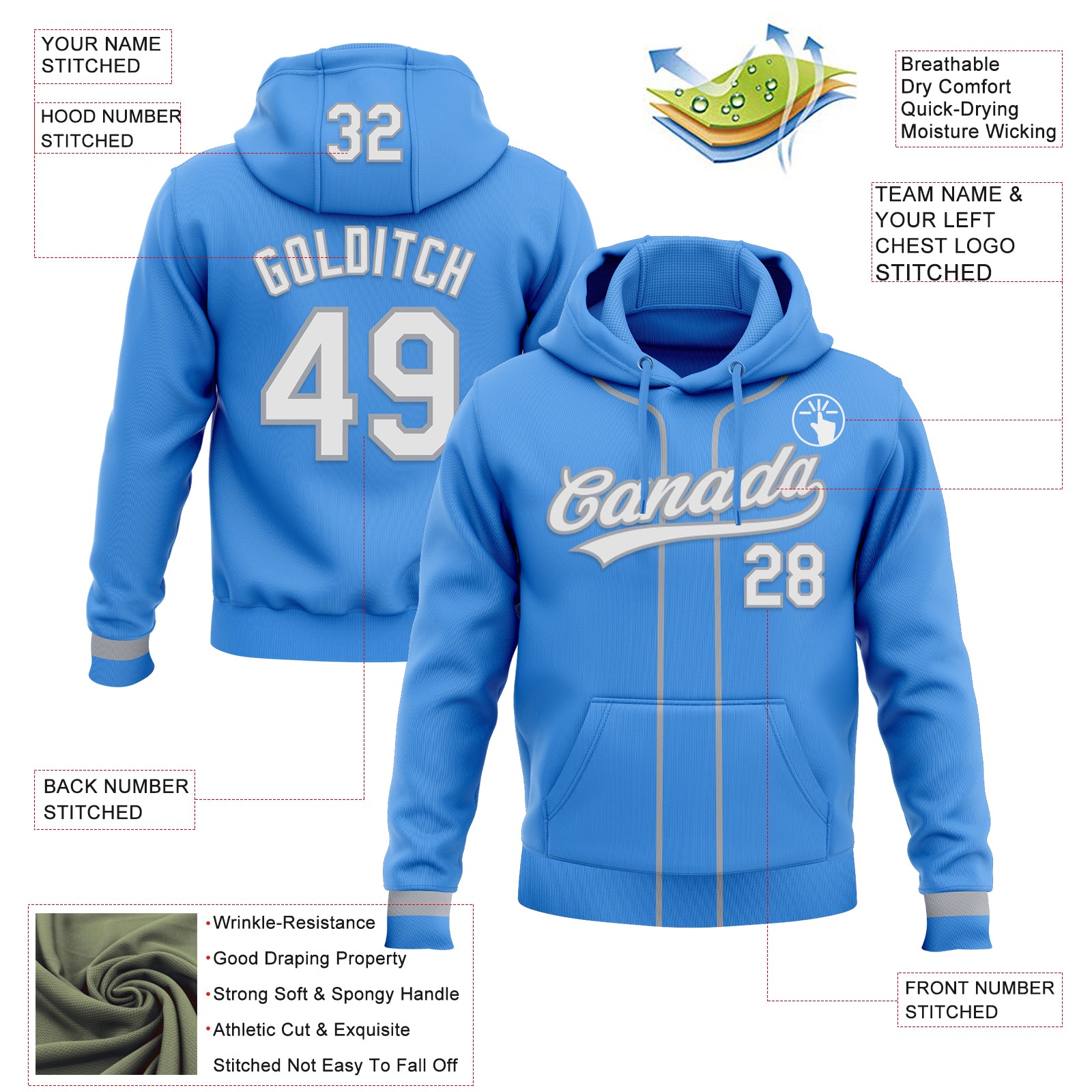 Custom Stitched Powder Blue White-Gray Baseball Pullover Sweatshirt Hoodie