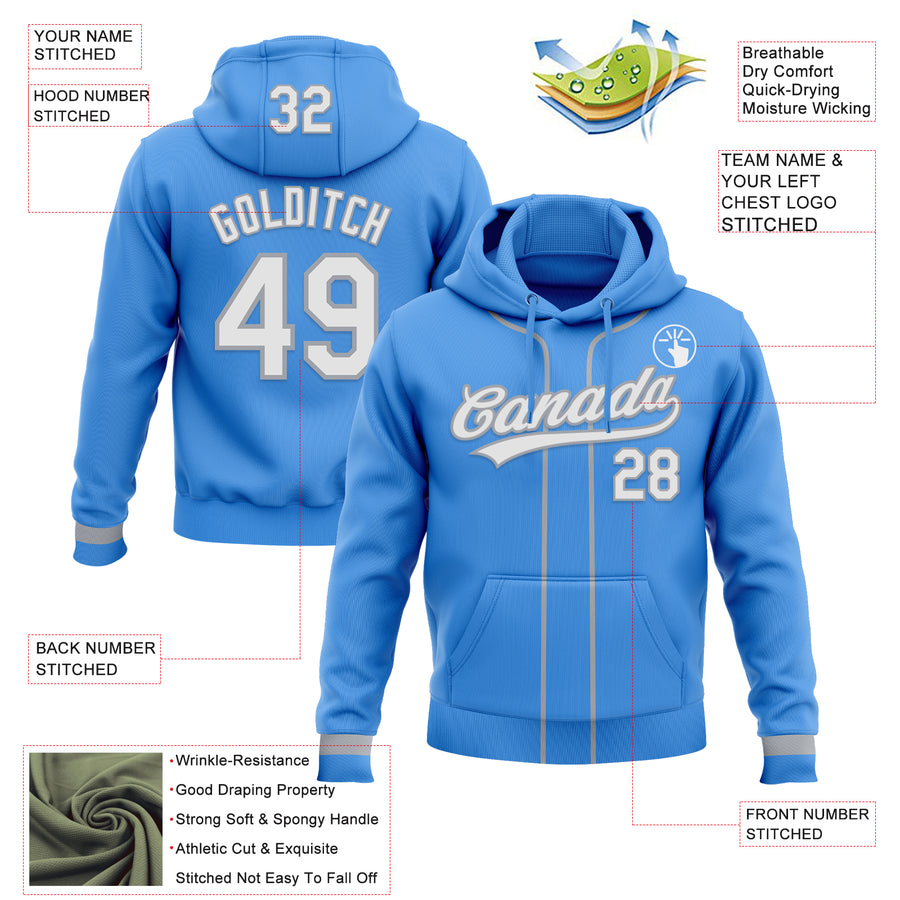 Custom Stitched Powder Blue White-Gray Baseball Pullover Sweatshirt Hoodie