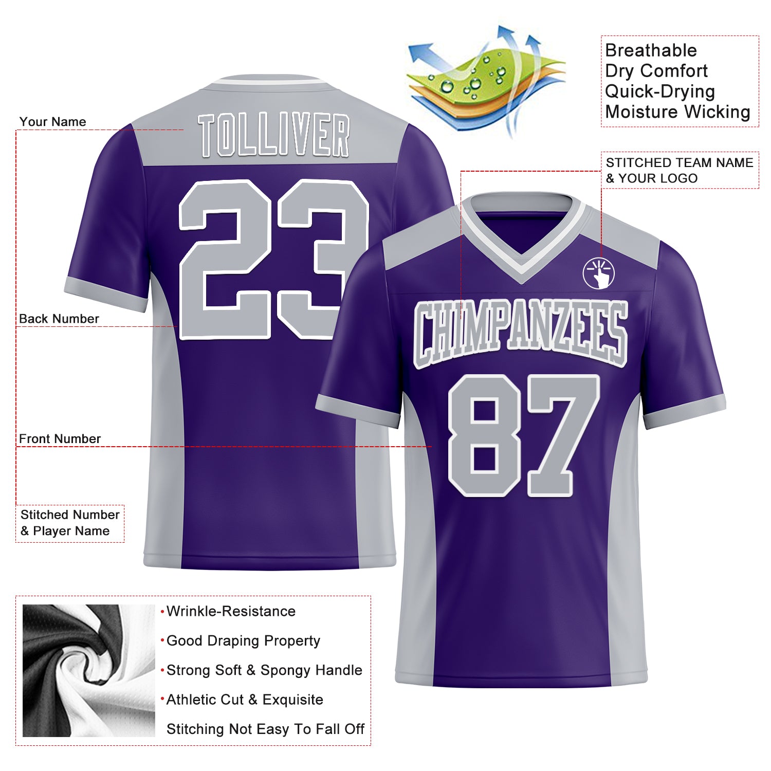 Custom Purple Gray-White Authentic Football Jersey
