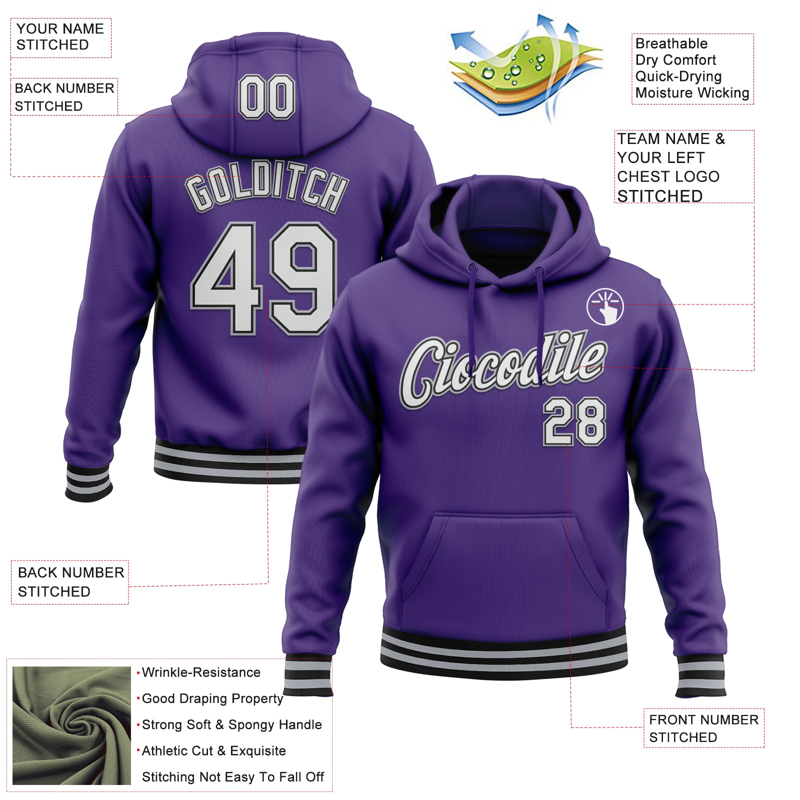 Custom Stitched Purple Black-Gray Sports Pullover Sweatshirt Hoodie