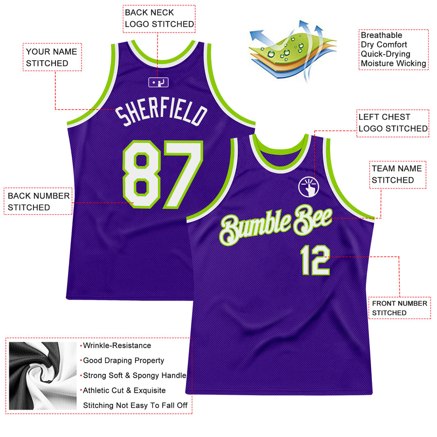 Custom Purple White-Neon Green Authentic Throwback Basketball Jersey