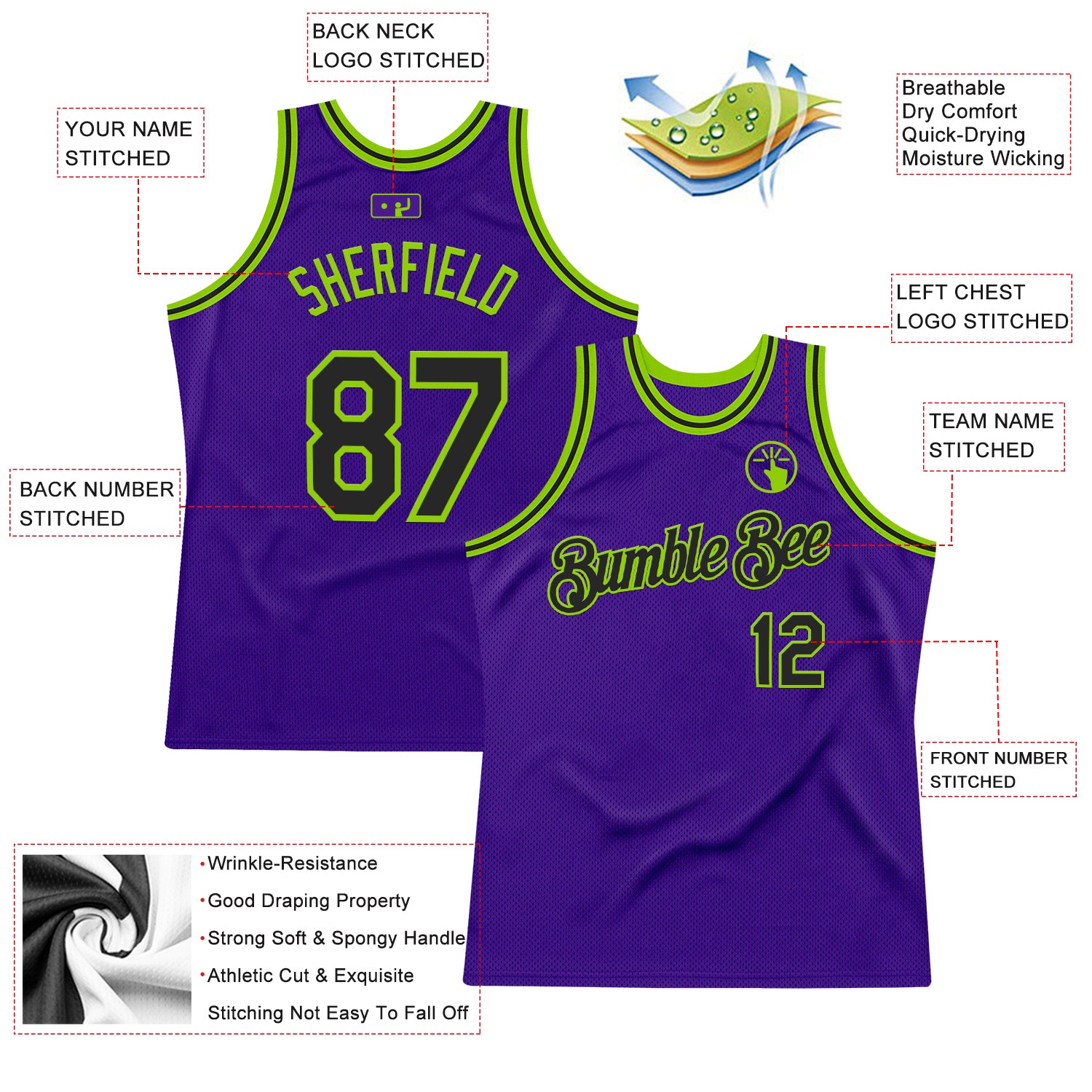 Custom Purple Black-Neon Green Authentic Throwback Basketball Jersey