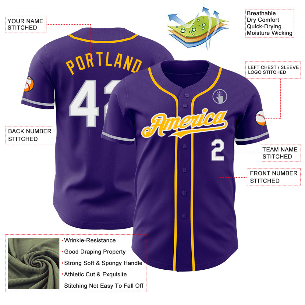 Custom Purple White Gray-Gold Authentic Baseball Jersey