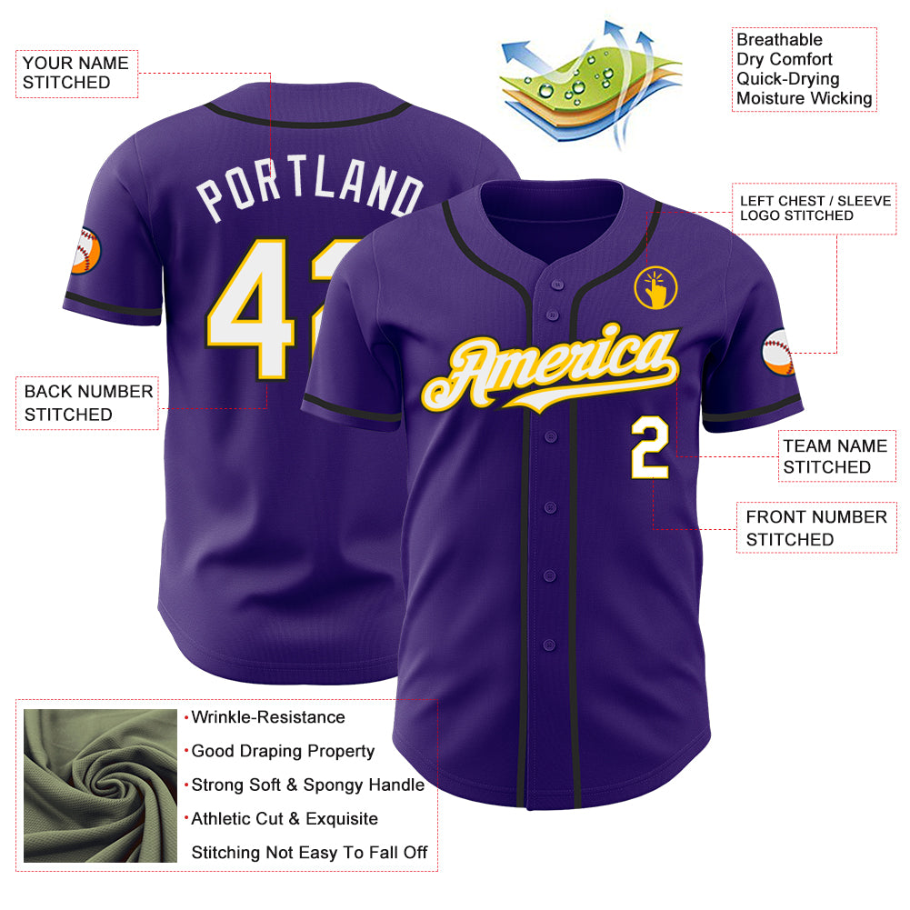 Custom Purple White Yellow-Black Authentic Baseball Jersey