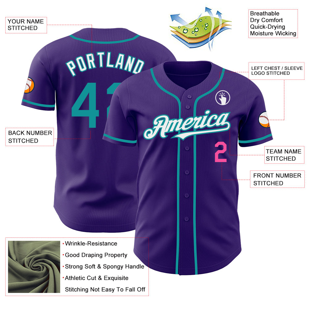 Custom Purple Teal Pink-White Authentic Baseball Jersey