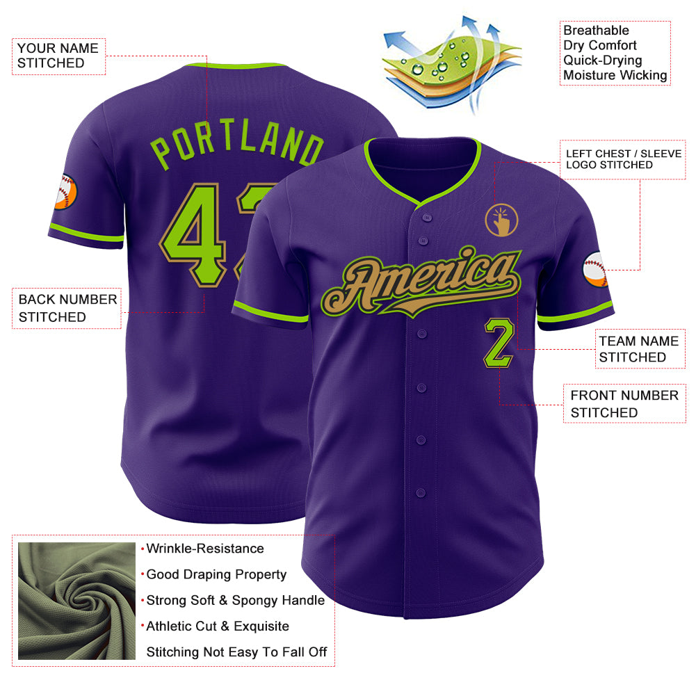 Custom Purple Neon Green Black-Old Gold Authentic Baseball Jersey