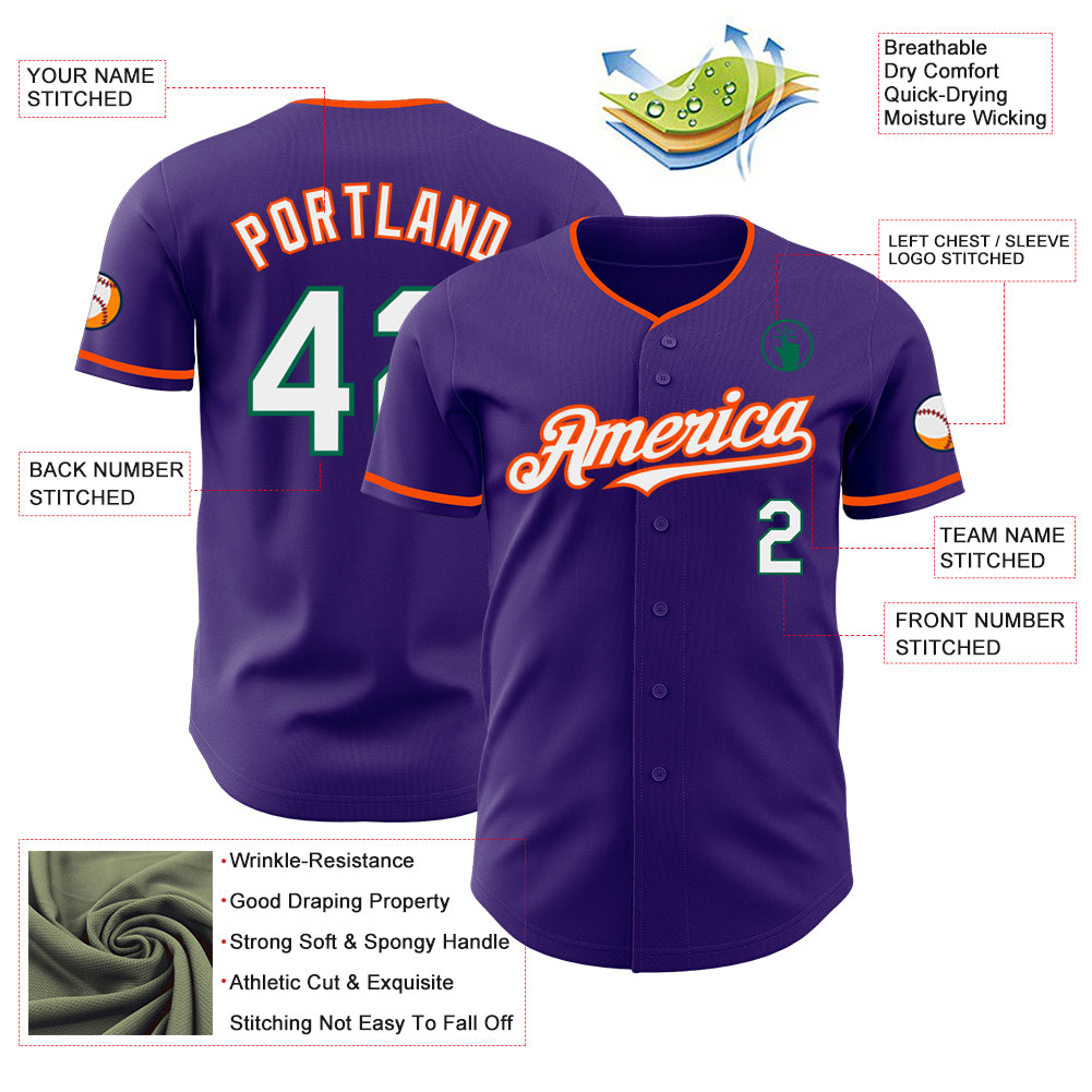 Custom Purple White Orange-Kelly Green Authentic Baseball Jersey