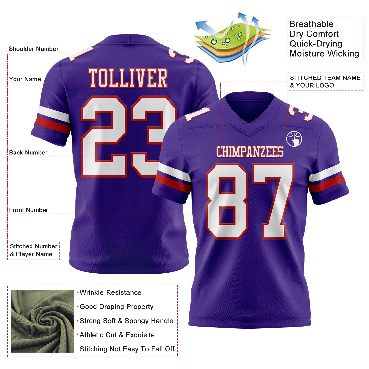 Custom Purple White-Red Authentic Football Jersey