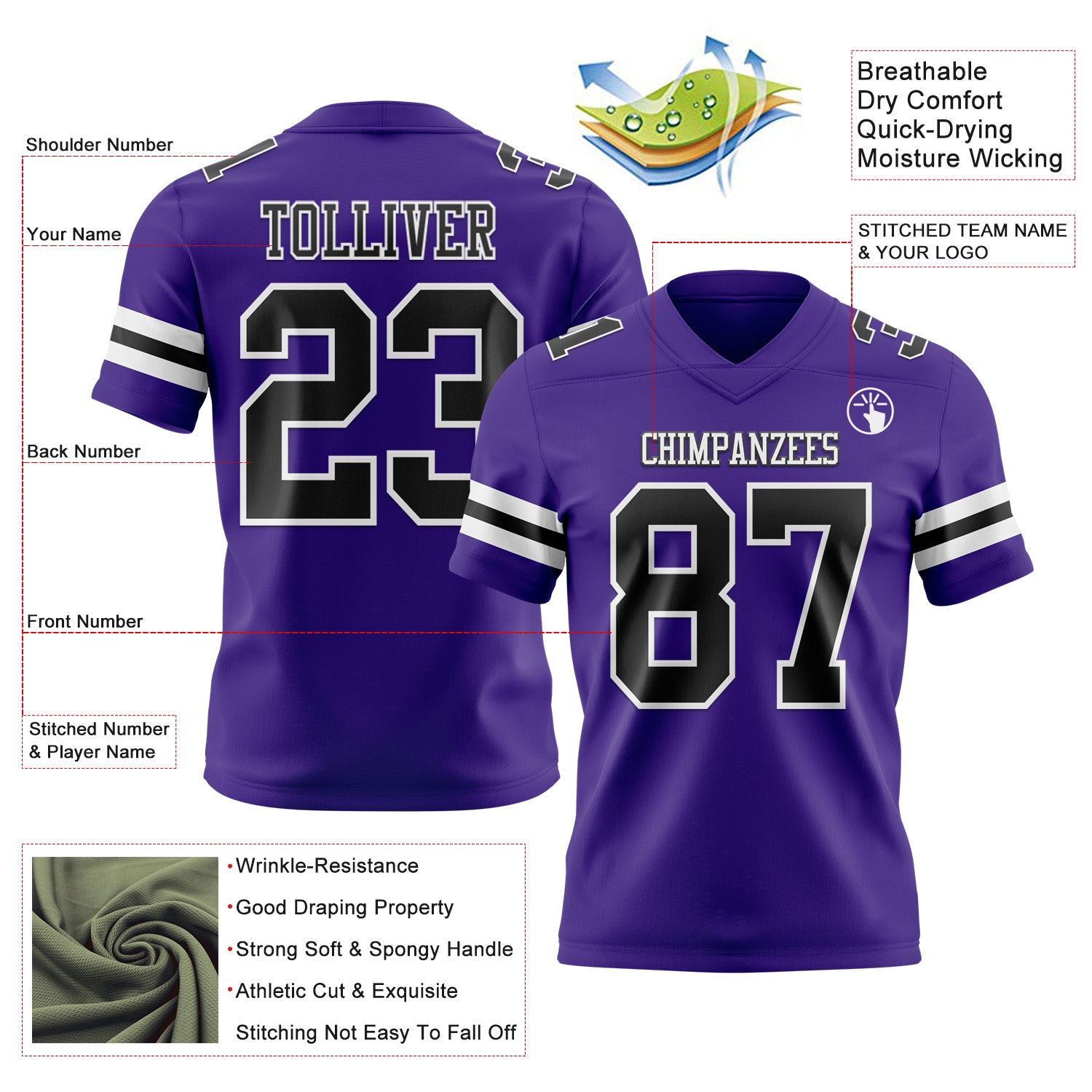 Custom Purple Black-White Authentic Football Jersey