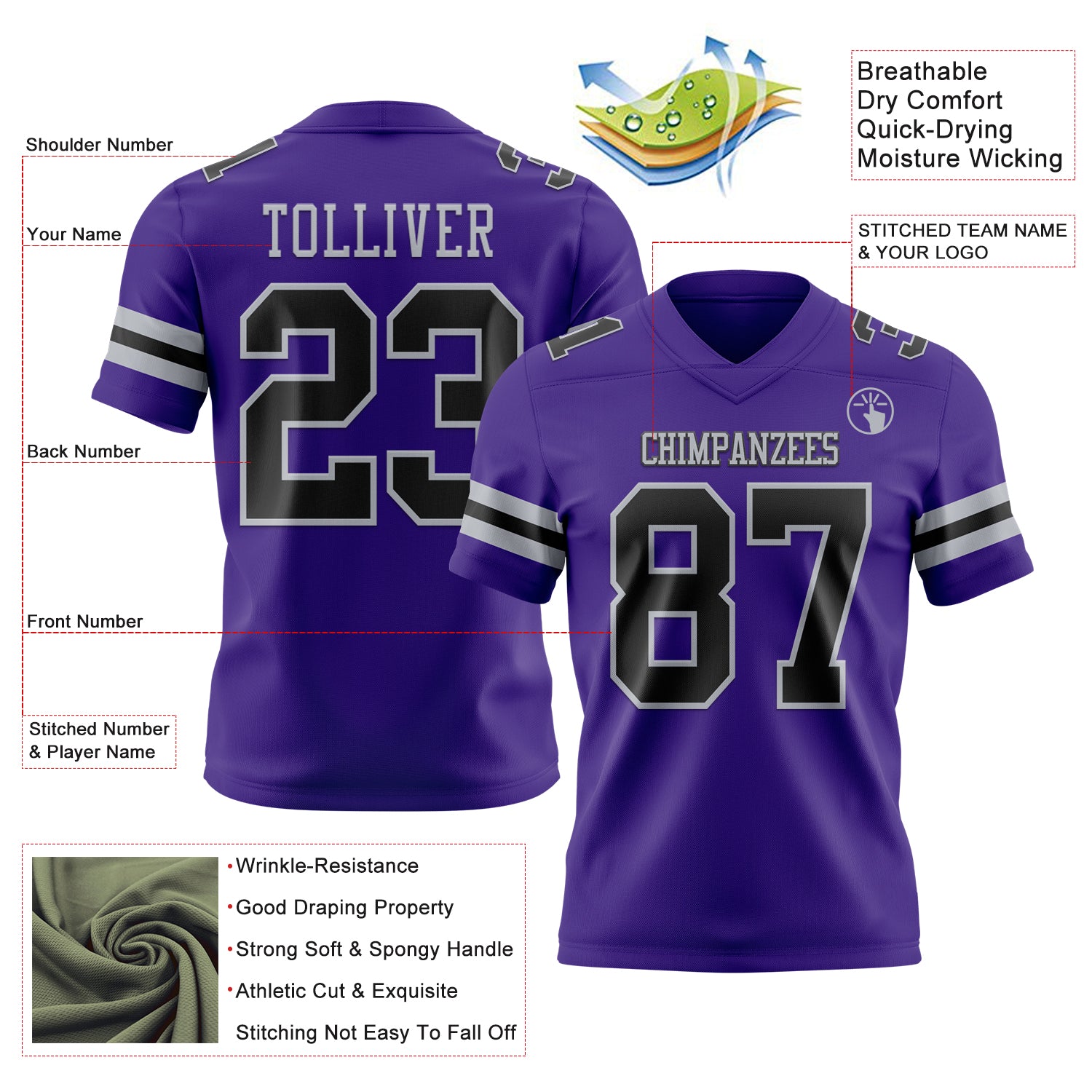 Custom Purple Black-Gray Authentic Football Jersey