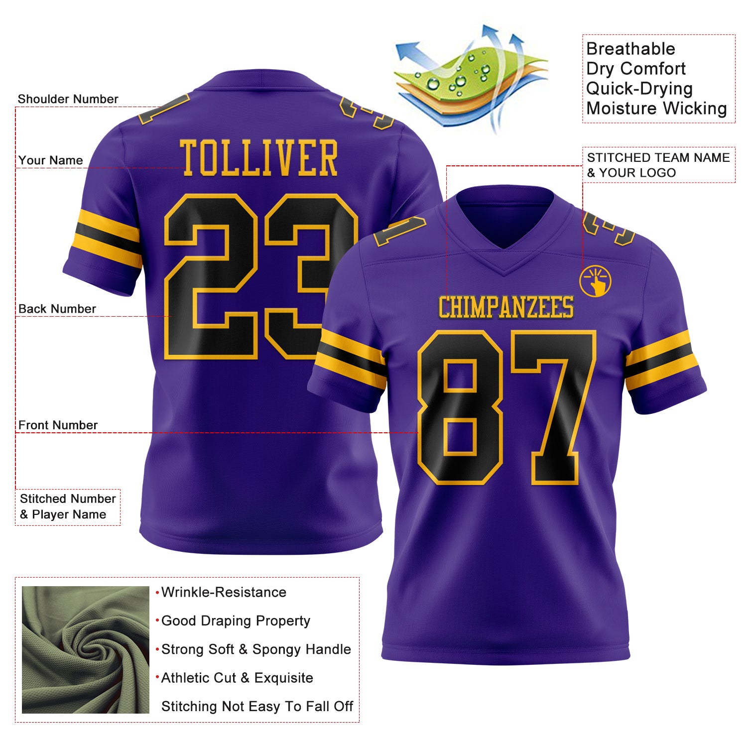 Custom Purple Black-Gold Authentic Football Jersey