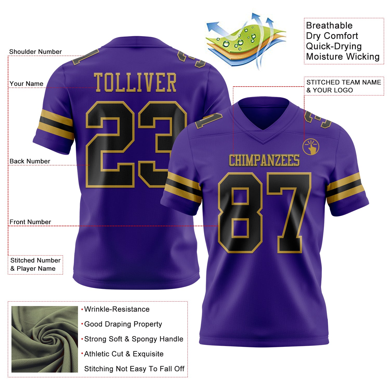 Custom Purple Black-Old Gold Authentic Football Jersey