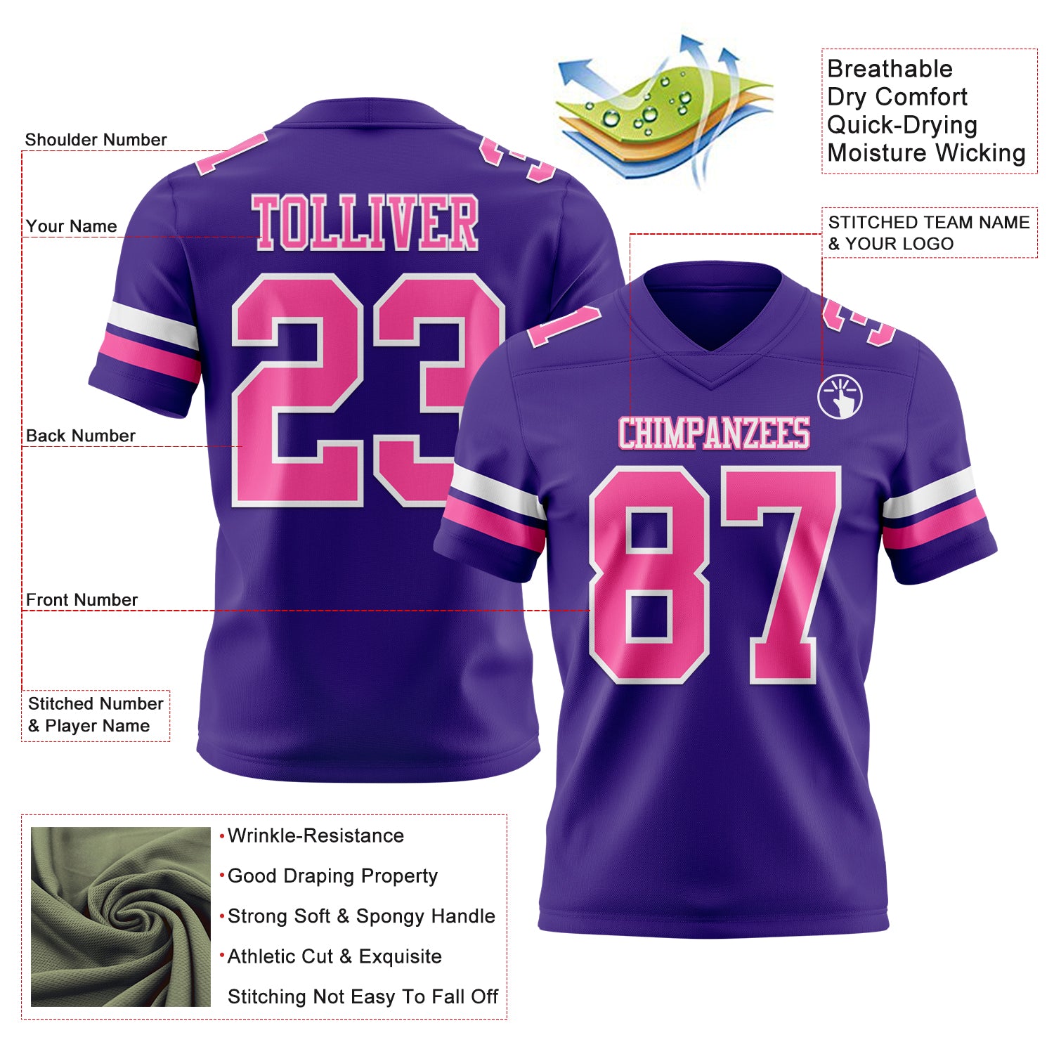 Custom Purple Pink-White Authentic Football Jersey