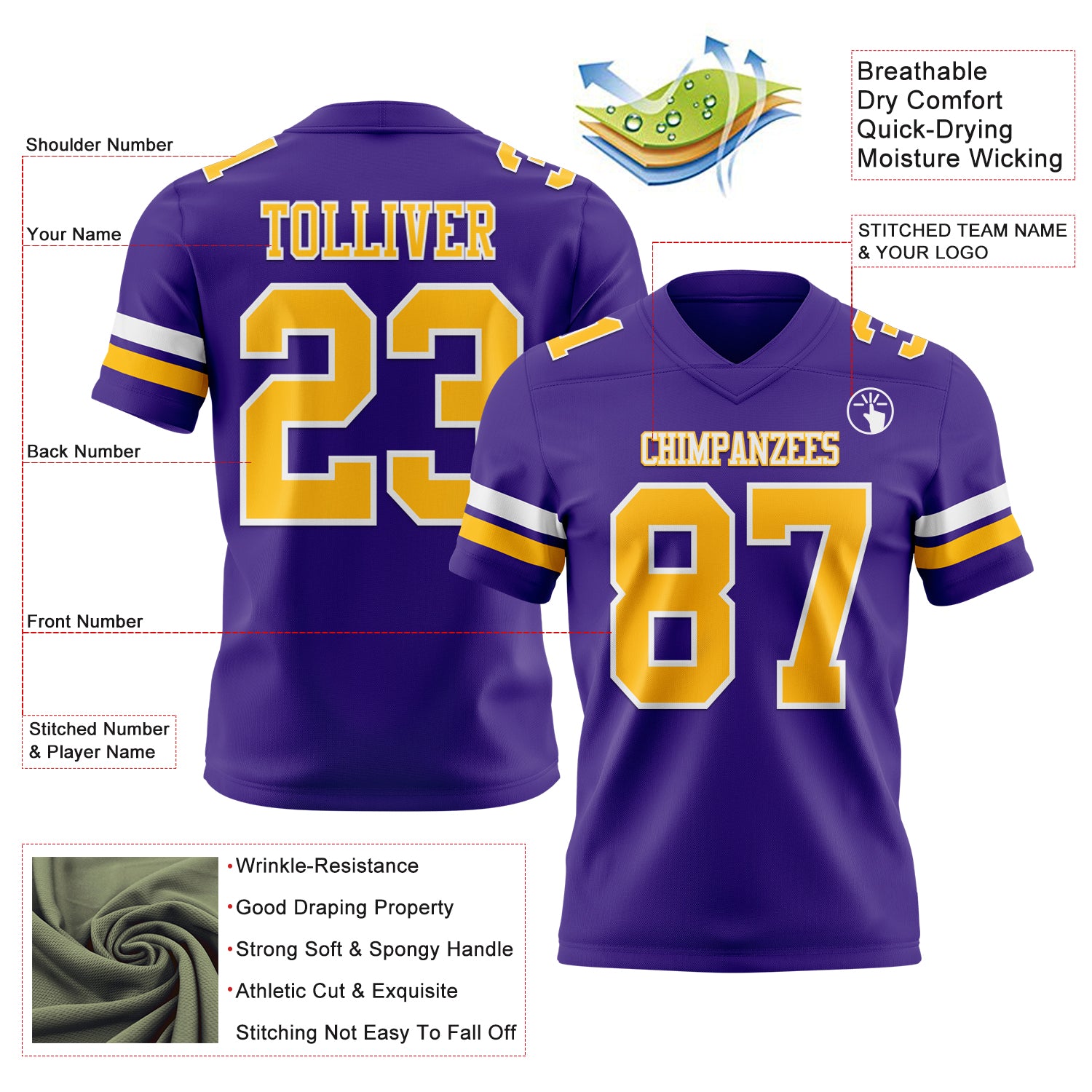 Custom Purple Gold-White Authentic Football Jersey