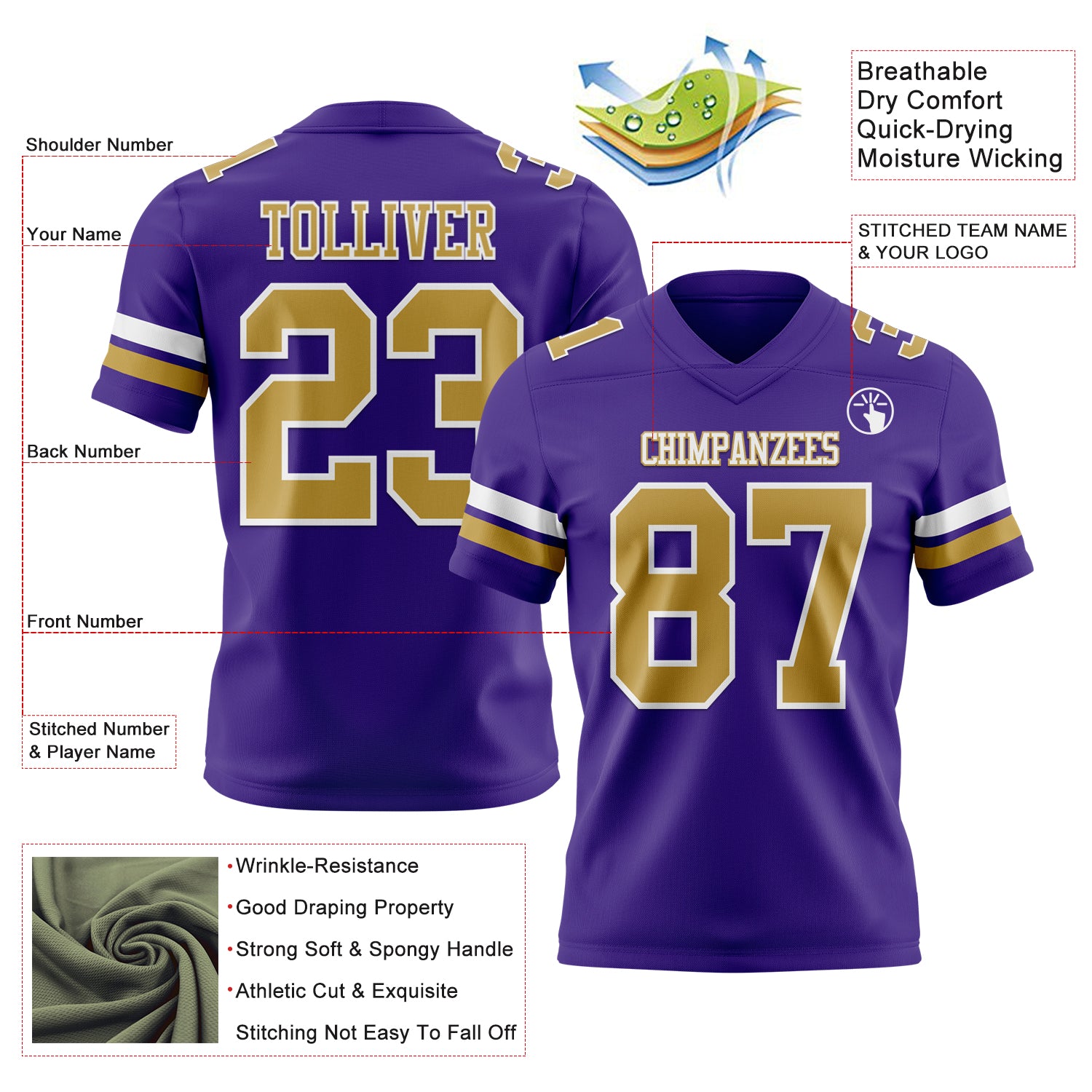 Custom Purple Old Gold-White Authentic Football Jersey