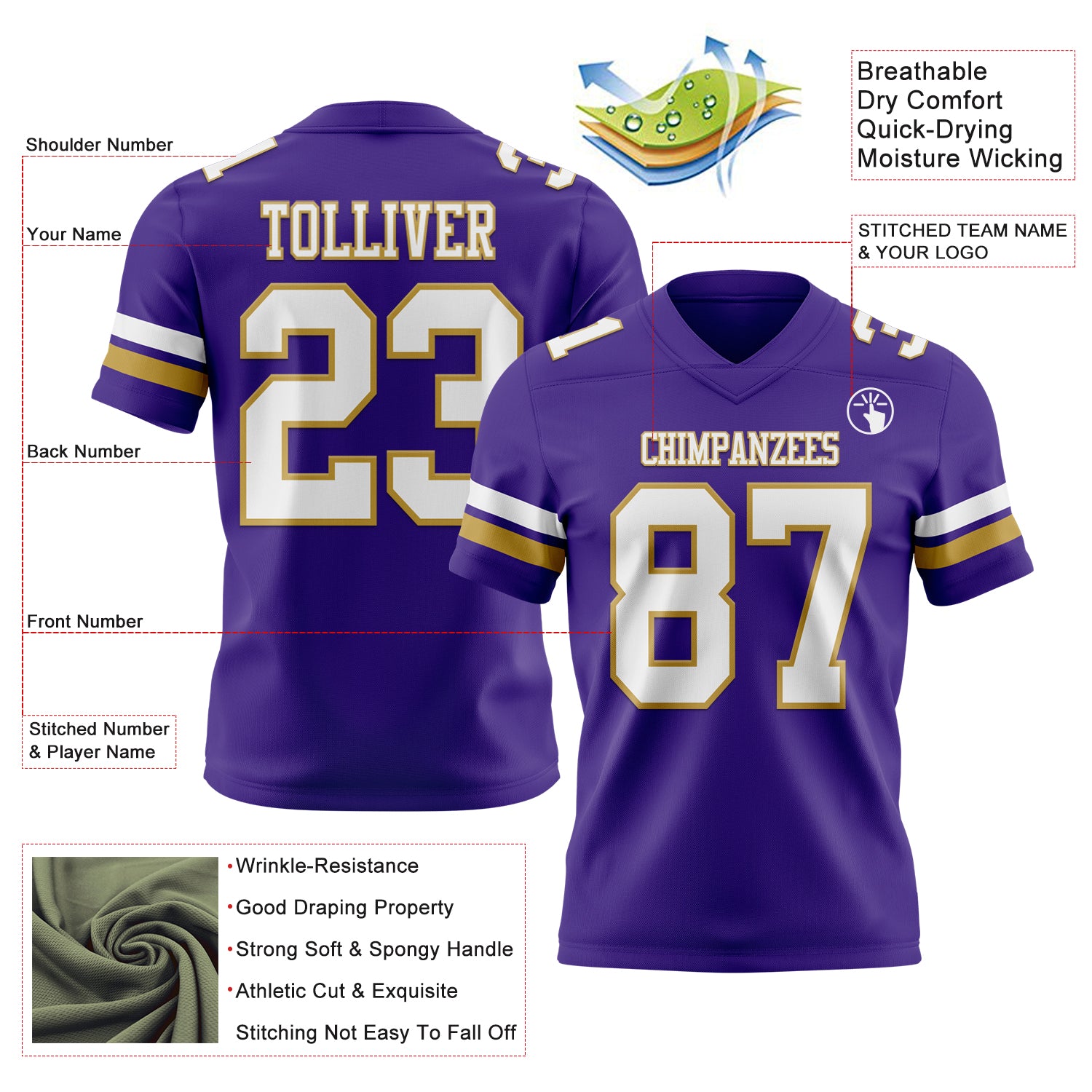 Custom Purple White-Old Gold Authentic Football Jersey