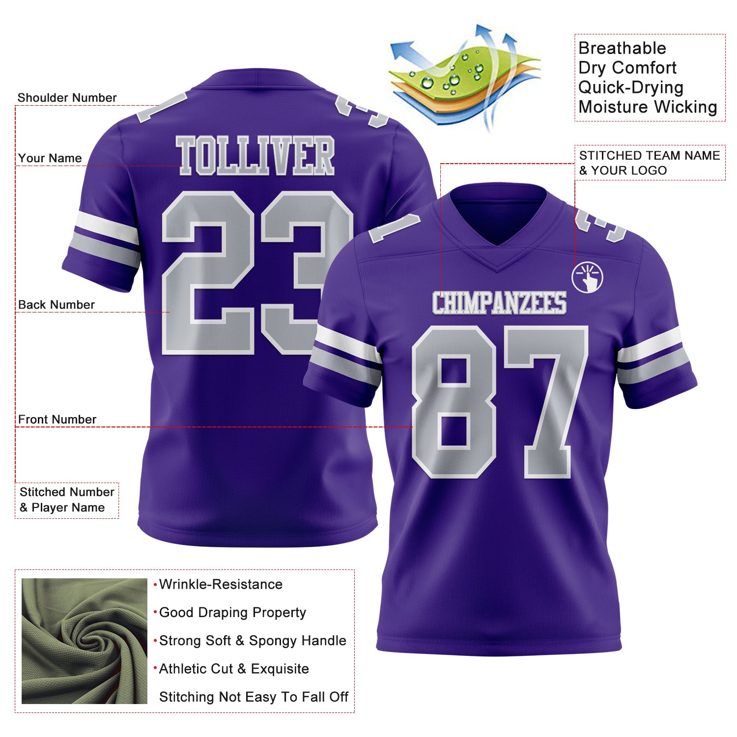 Custom Purple Gray-White Authentic Football Jersey
