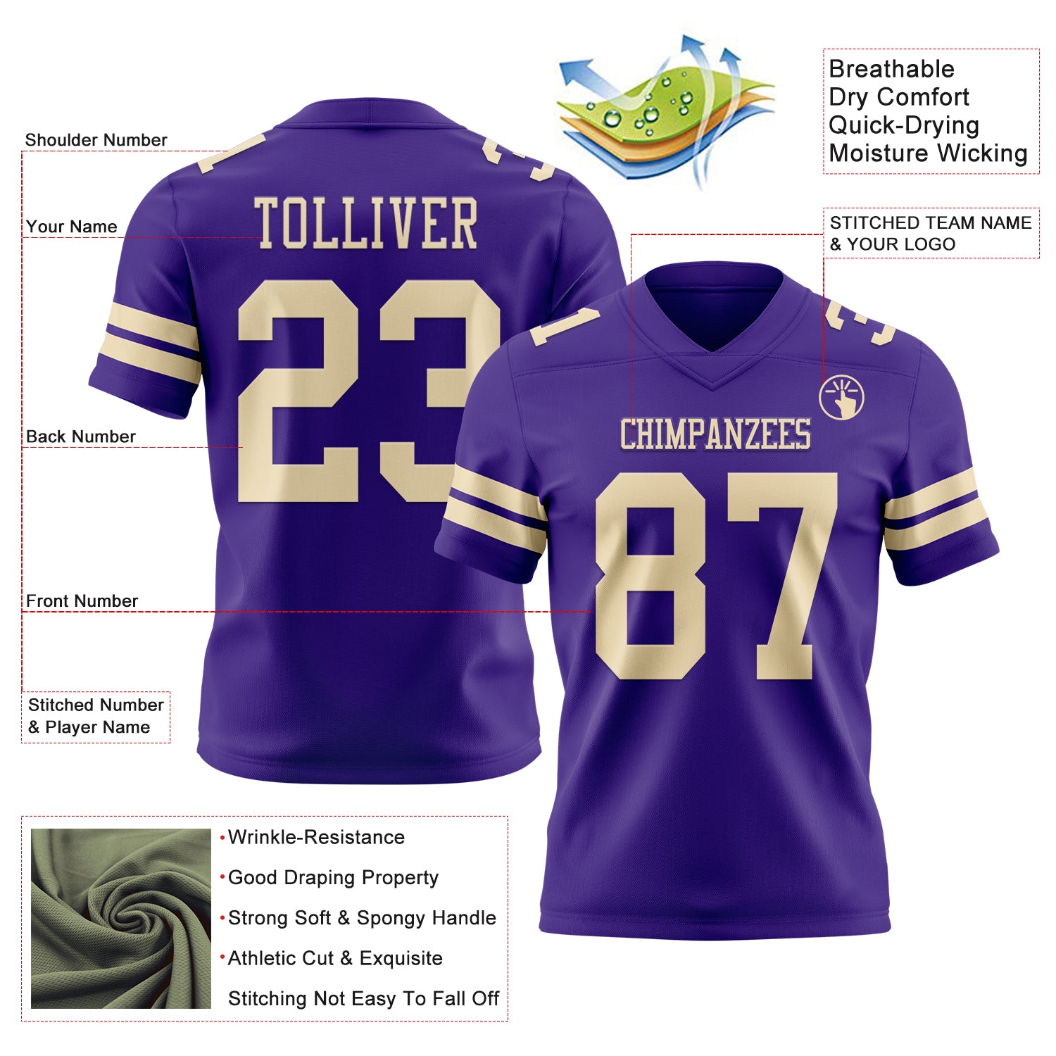 Custom Purple Cream Authentic Football Jersey