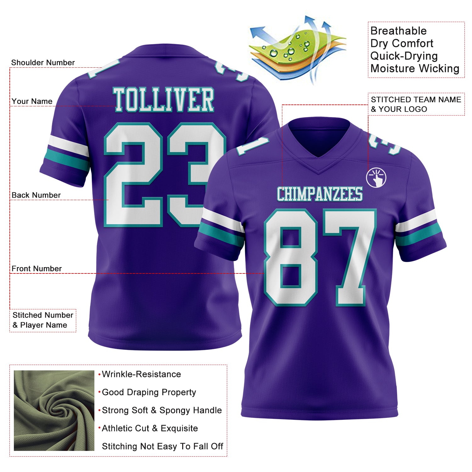 Custom Purple White-Teal Authentic Football Jersey