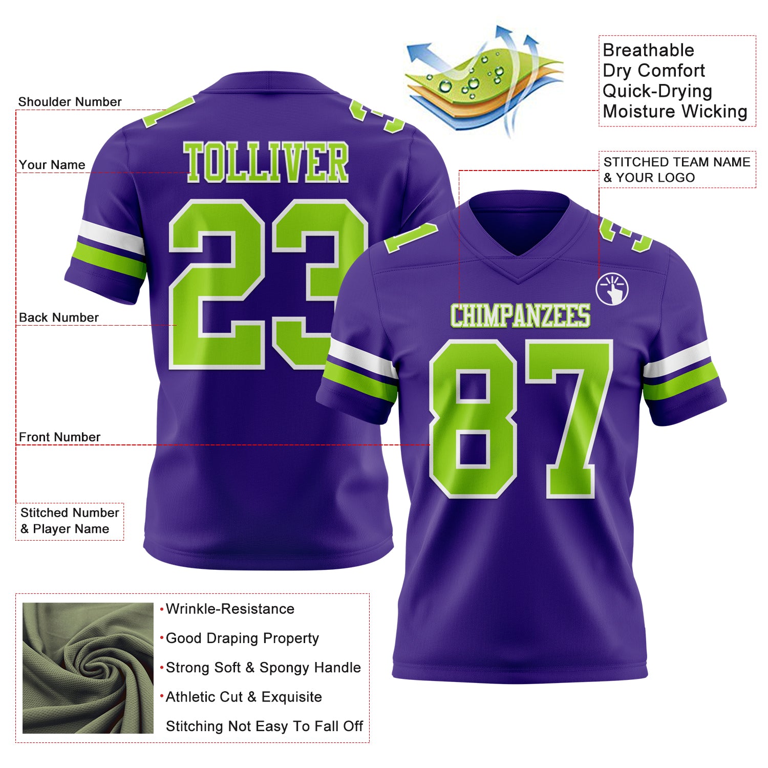 Custom Purple Neon Green-White Authentic Football Jersey