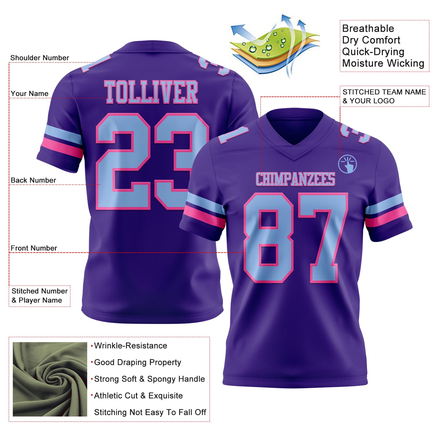 Custom Purple Light Blue-Pink Authentic Football Jersey