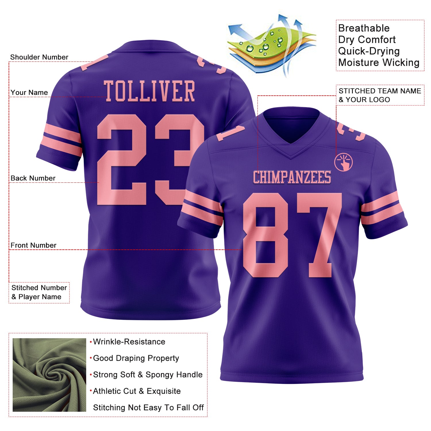 Custom Purple Medium Pink Authentic Football Jersey