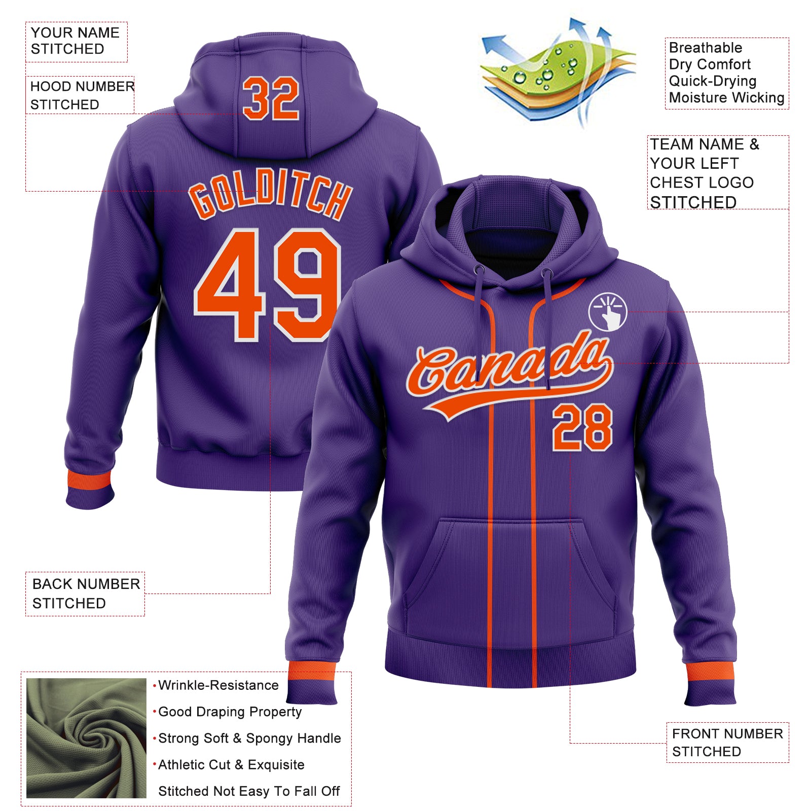 Custom Stitched Purple Orange-White Baseball Pullover Sweatshirt Hoodie