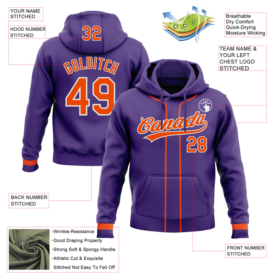 Custom Stitched Purple Orange-White Baseball Pullover Sweatshirt Hoodie