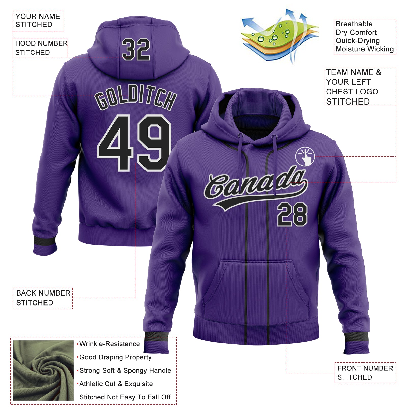 Custom Stitched Purple Black-White Baseball Pullover Sweatshirt Hoodie