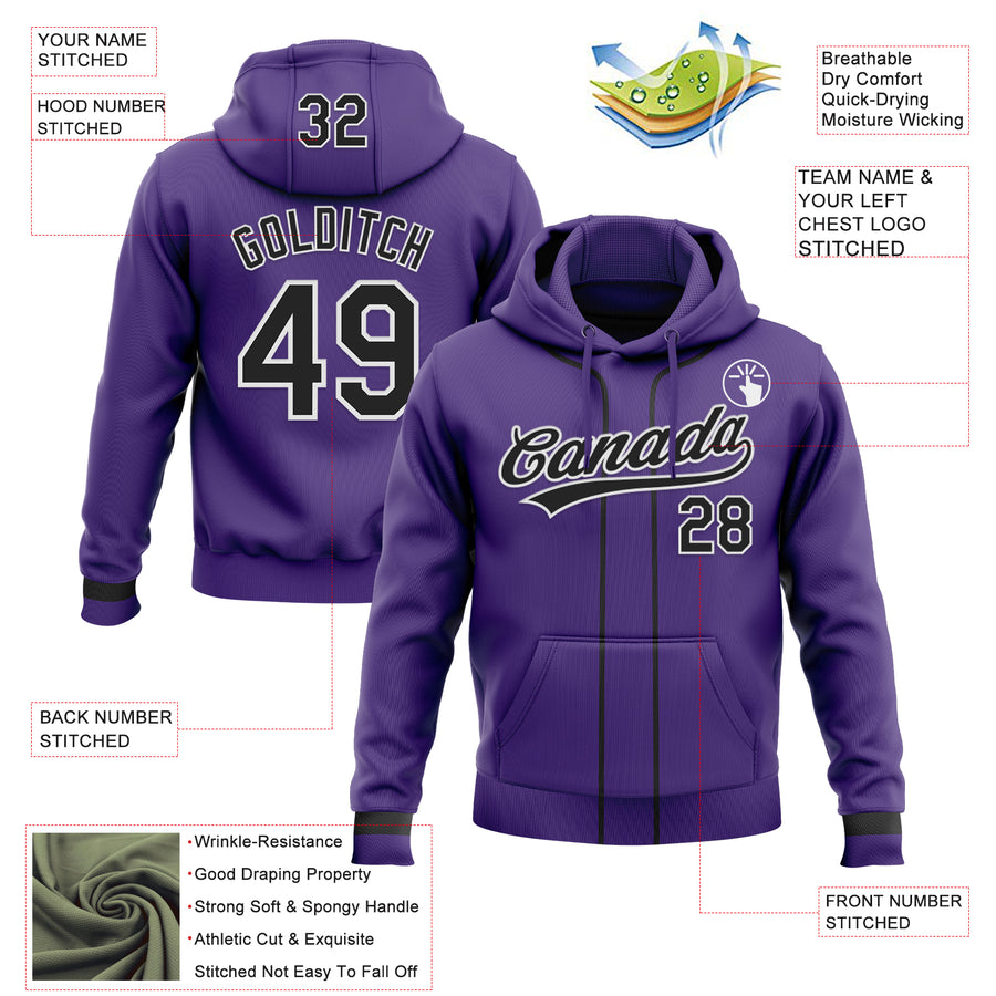 Custom Stitched Purple Black-White Baseball Pullover Sweatshirt Hoodie