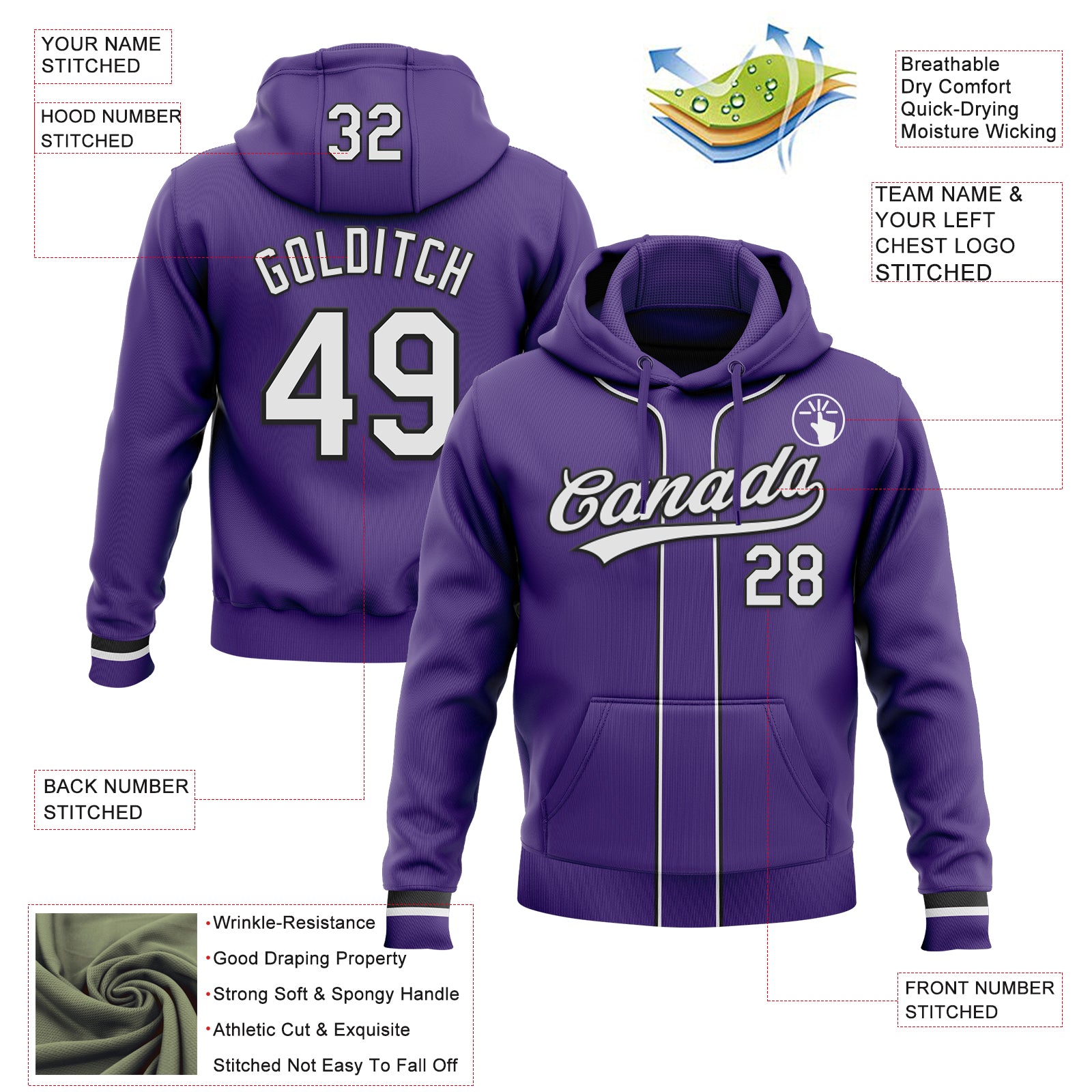 Custom Stitched Purple White-Black Baseball Pullover Sweatshirt Hoodie