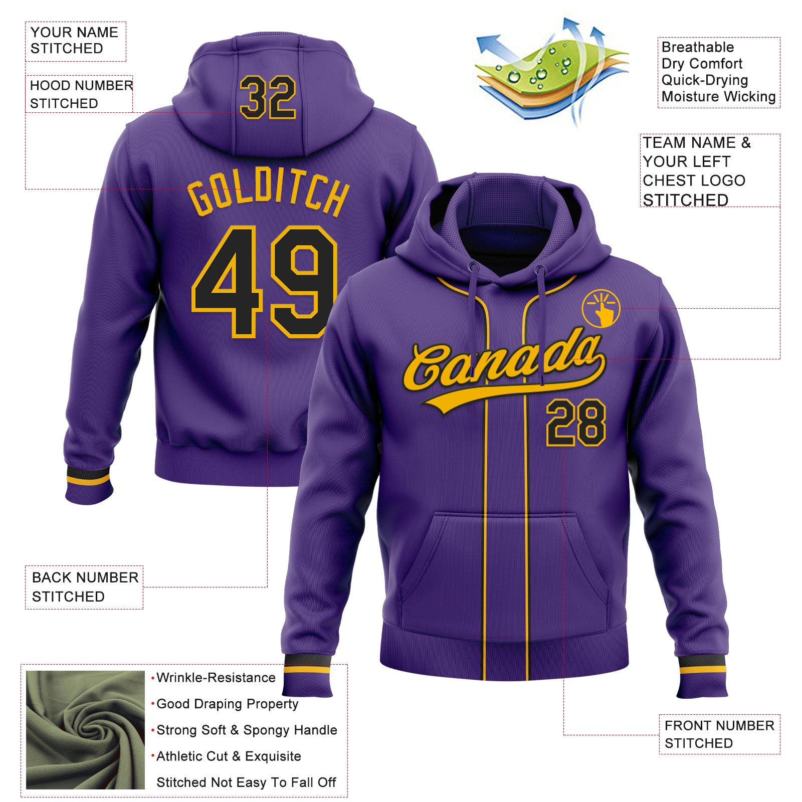 Custom Stitched Purple Black-Gold Baseball Pullover Sweatshirt Hoodie
