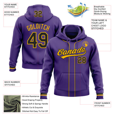 Custom Stitched Purple Black-Gold Baseball Pullover Sweatshirt Hoodie