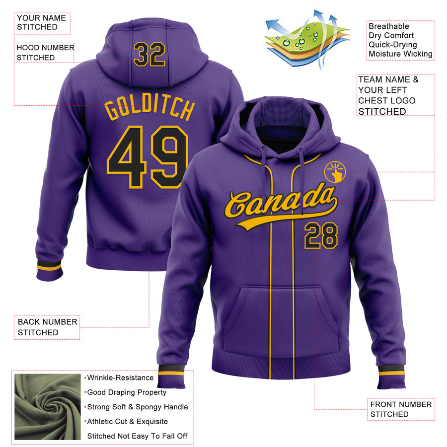 Custom Stitched Purple Black-Gold Baseball Pullover Sweatshirt Hoodie