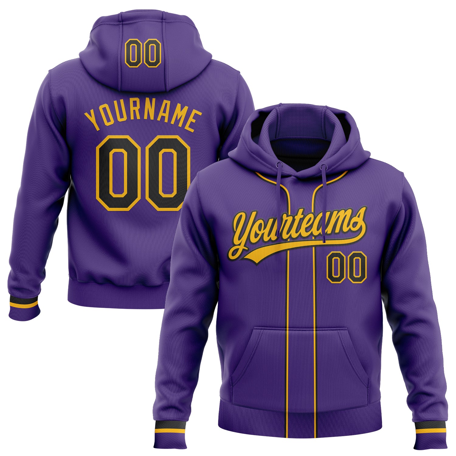 Custom Stitched Purple Black-Gold Baseball Pullover Sweatshirt Hoodie