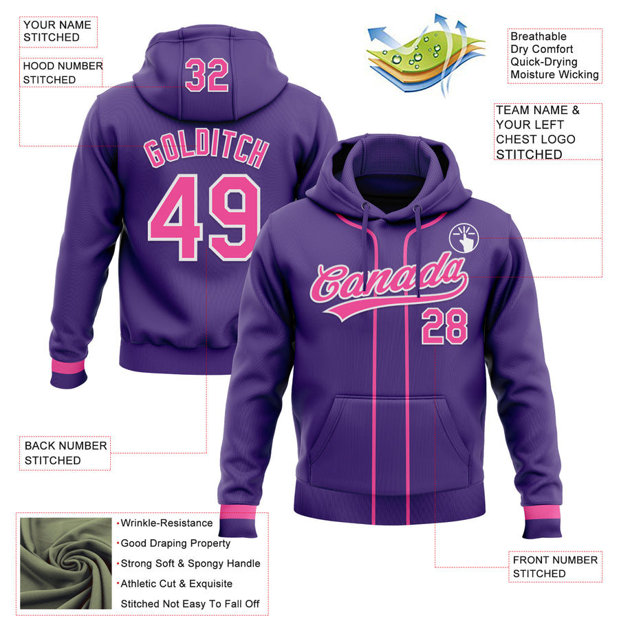 Custom Stitched Purple Pink-White Baseball Pullover Sweatshirt Hoodie