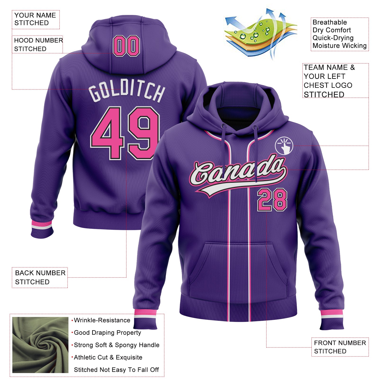 Custom Stitched Purple Pink Black-White Baseball Pullover Sweatshirt Hoodie