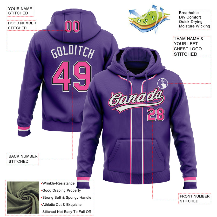 Custom Stitched Purple Pink Black-White Baseball Pullover Sweatshirt Hoodie