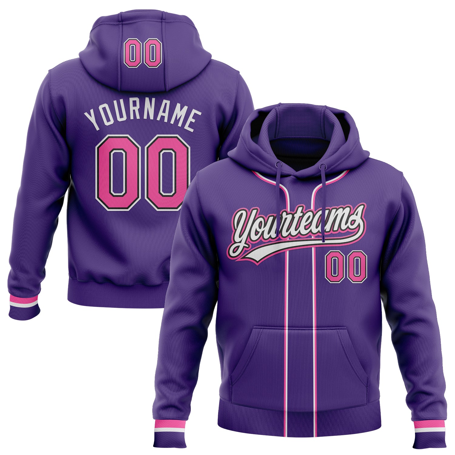 Custom Stitched Purple Pink Black-White Baseball Pullover Sweatshirt Hoodie