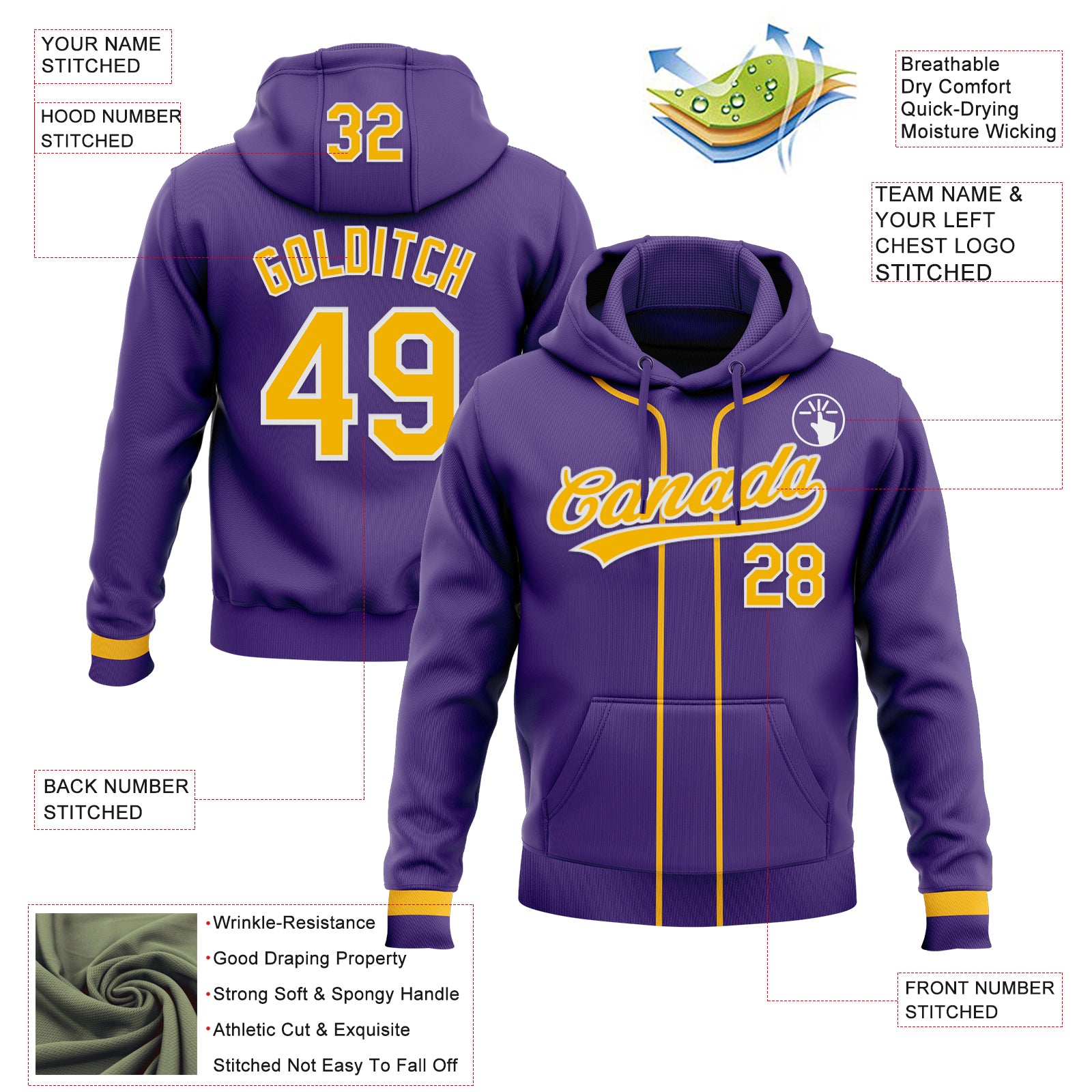 Custom Stitched Purple Gold-White Baseball Pullover Sweatshirt Hoodie