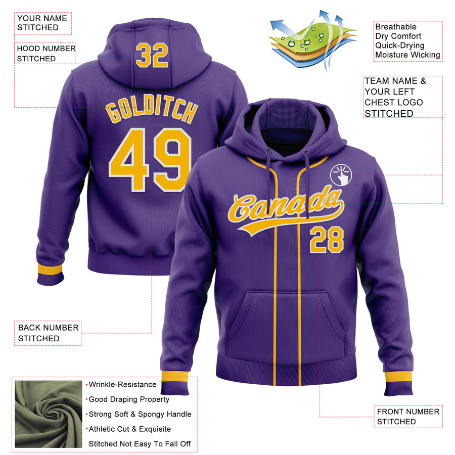 Custom Stitched Purple Gold-White Baseball Pullover Sweatshirt Hoodie
