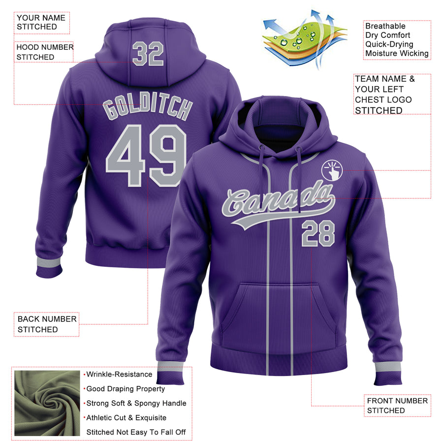 Custom Stitched Purple Gray-White Baseball Pullover Sweatshirt Hoodie