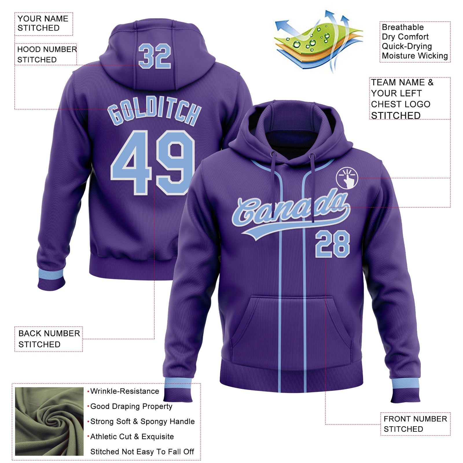 Custom Stitched Purple Light Blue-White Baseball Pullover Sweatshirt Hoodie