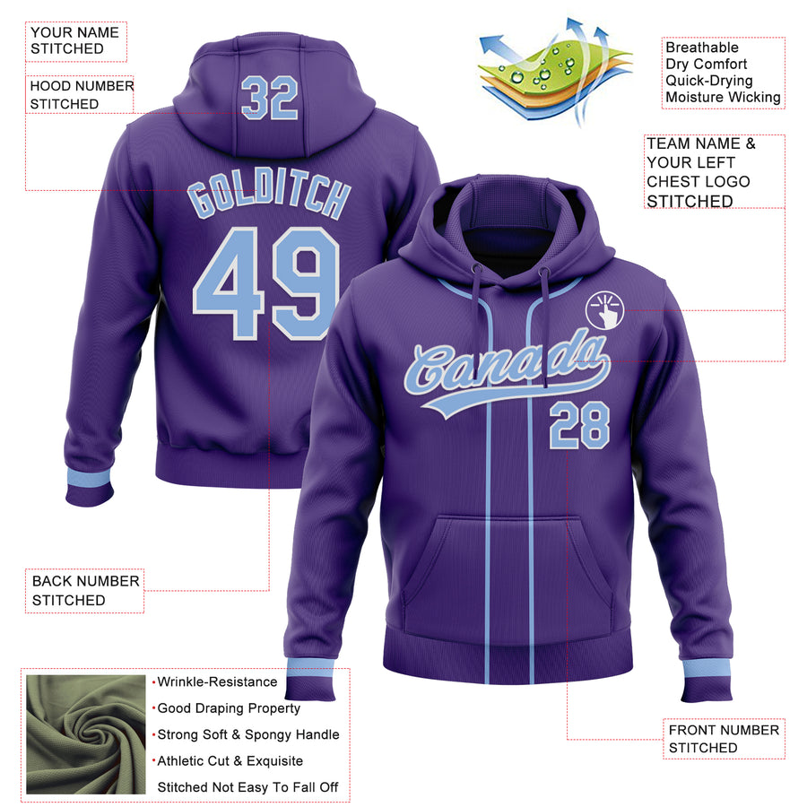 Custom Stitched Purple Light Blue-White Baseball Pullover Sweatshirt Hoodie
