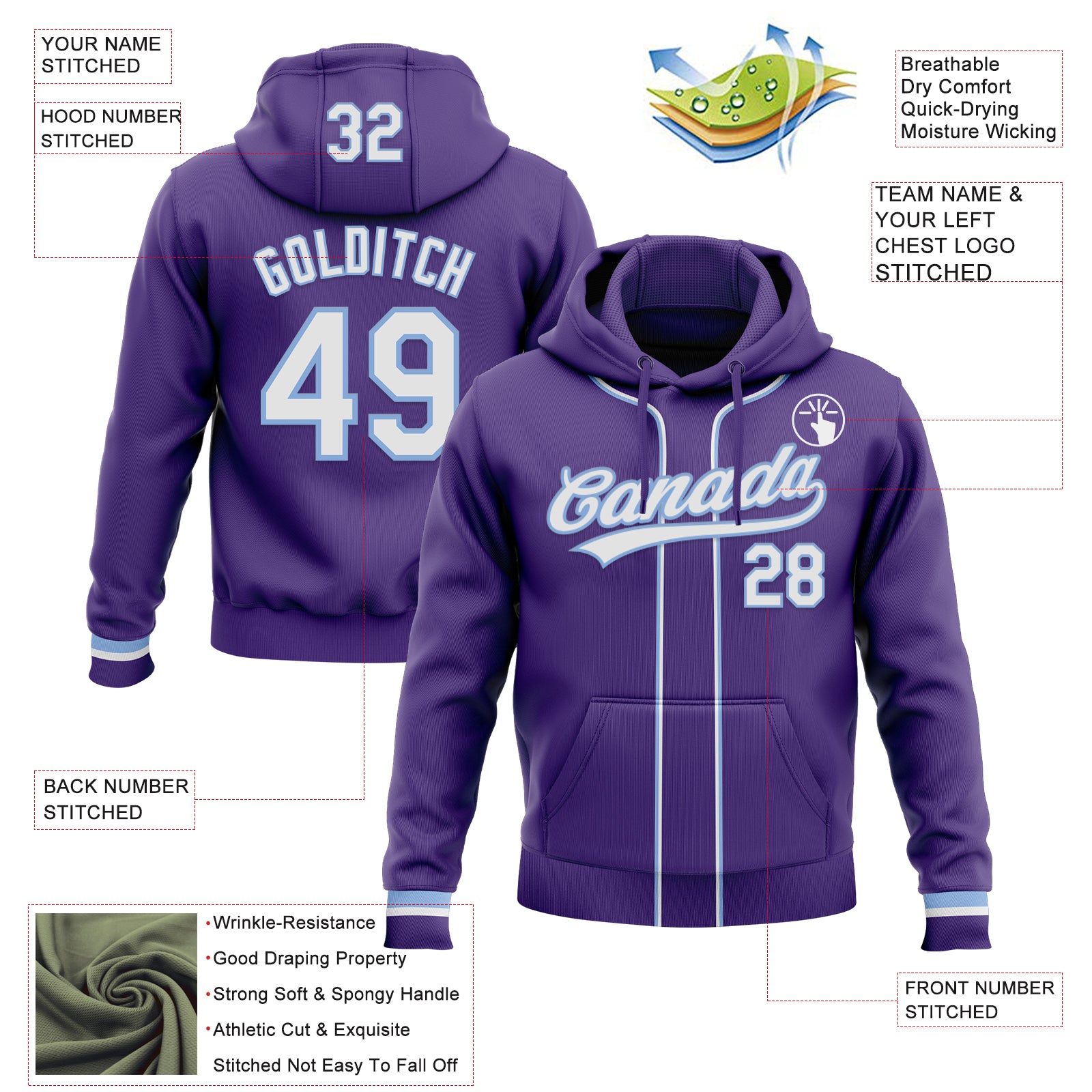 Custom Stitched Purple White-Light Blue Baseball Pullover Sweatshirt Hoodie