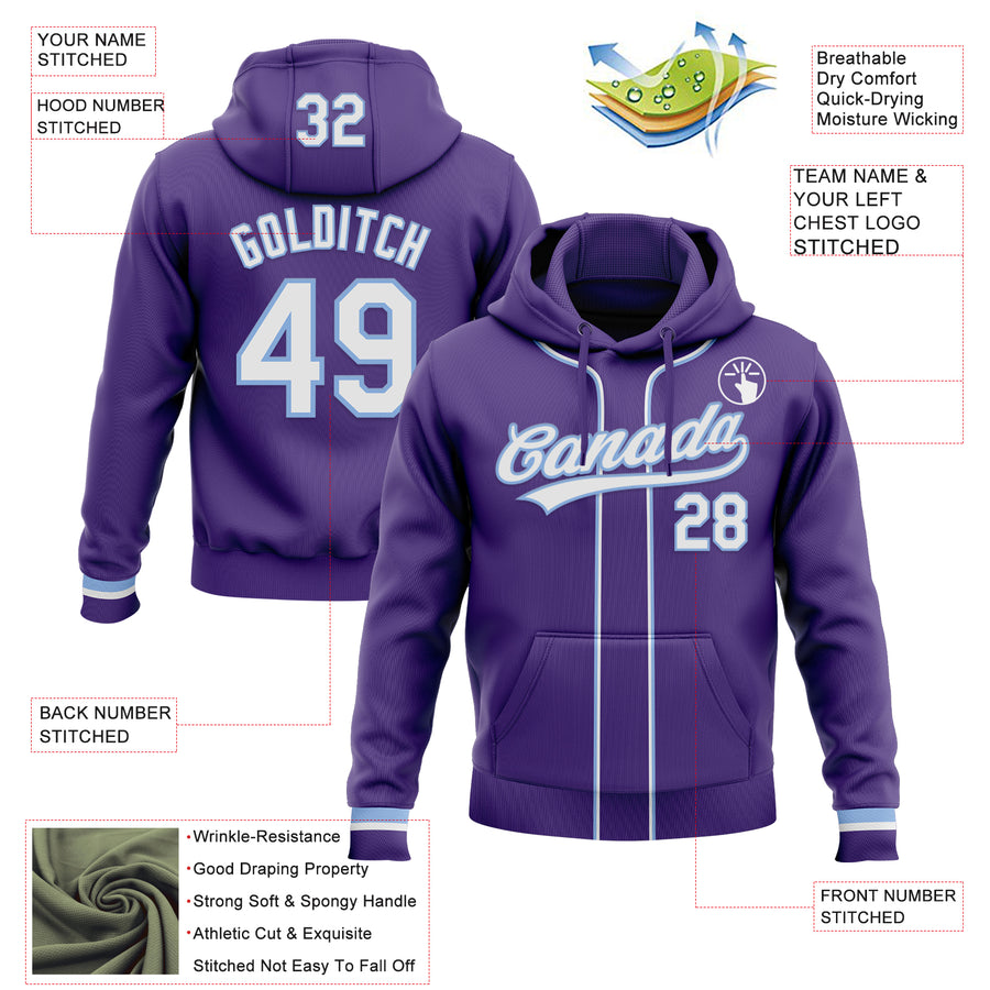 Custom Stitched Purple White-Light Blue Baseball Pullover Sweatshirt Hoodie