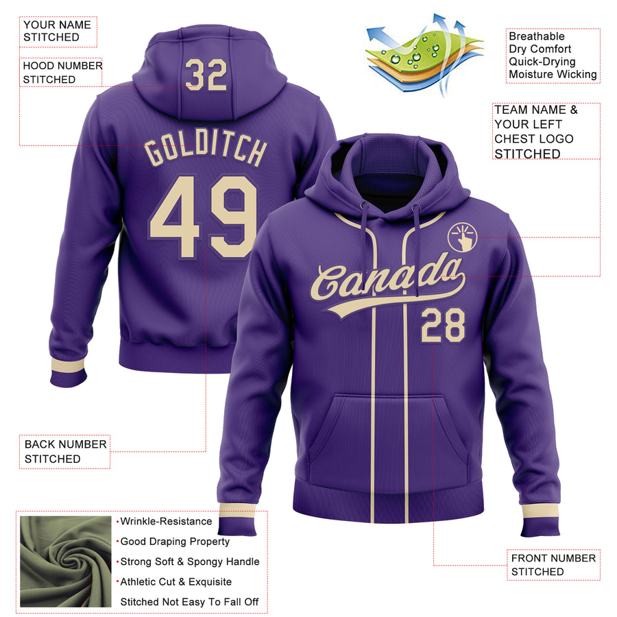 Custom Stitched Purple Cream Baseball Pullover Sweatshirt Hoodie