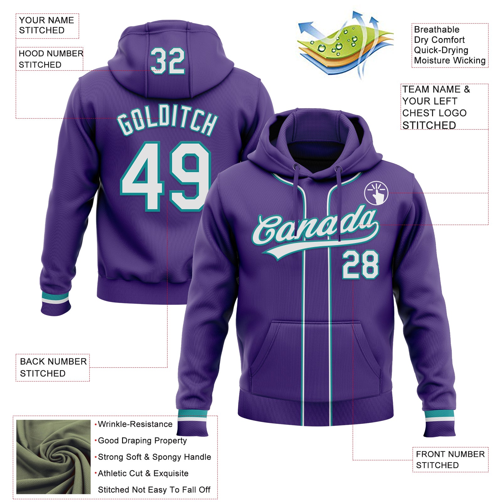 Custom Stitched Purple White-Teal Baseball Pullover Sweatshirt Hoodie