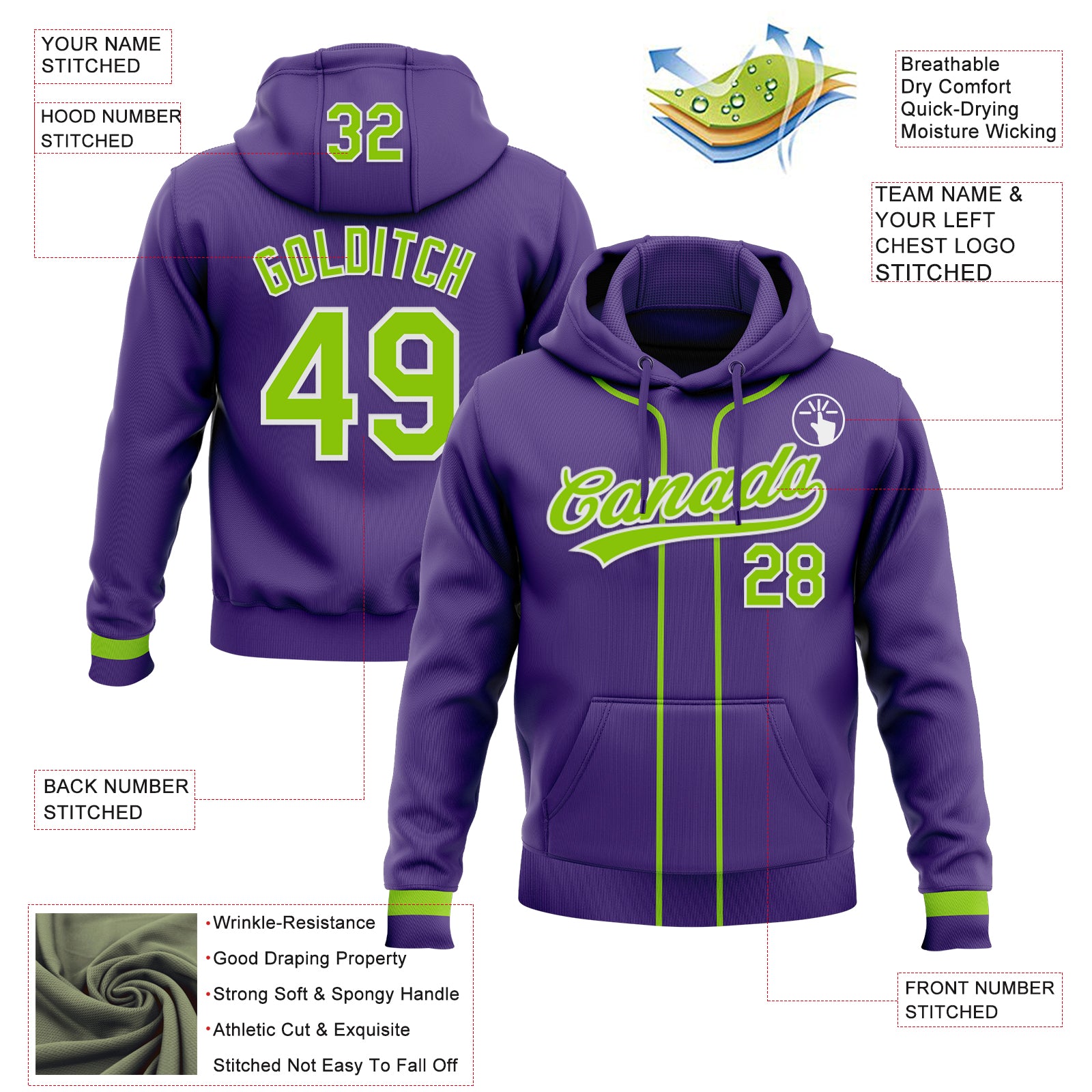 Custom Stitched Purple Neon Green-White Baseball Pullover Sweatshirt Hoodie