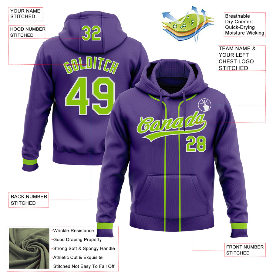 Custom Stitched Purple Neon Green-White Baseball Pullover Sweatshirt Hoodie